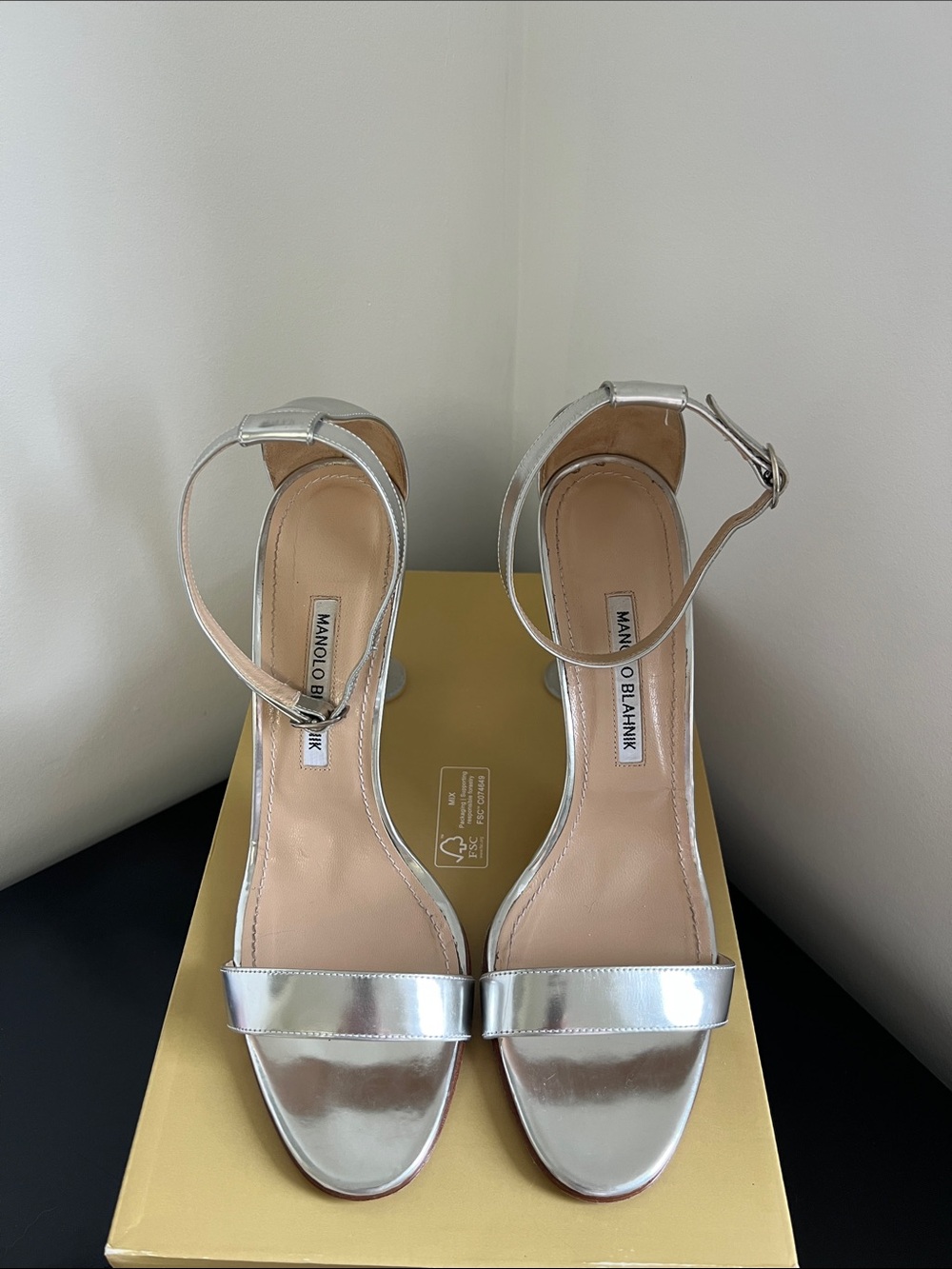 Manolo Blahnik Metallic Silver Ankle-Strap Sandals